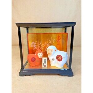 Pair of Japanese Bisque Ceramic Snow Monkey Figurines, Shofuku Eto Zodiac New Yr